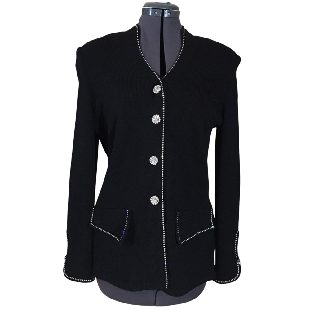 Vintage Black Knit Sweater Jacket with Rhinestone Accents and Jewel Buttons